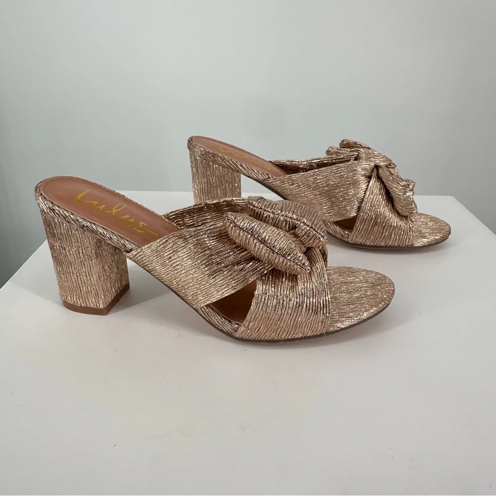 Lulus Dorothea Rose Gold Knotted High Heel Sandals size 8 New in Box Metallic